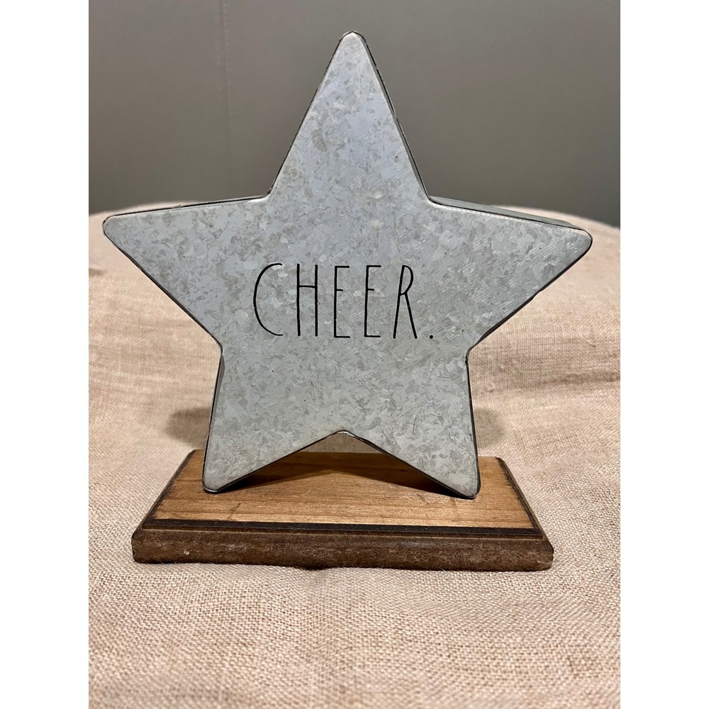Rae Dunn Galvanized Metal Cheer Star on Wooden Base tabletop decoration.